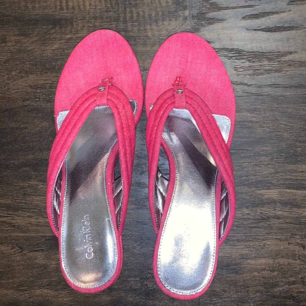 Calvin Klein Red Kramer Denim Wedge 10M Sandals